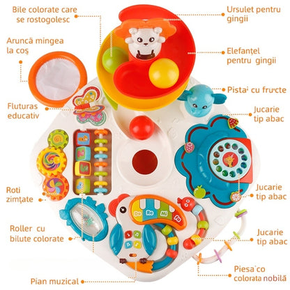 Masă educativă multifuncțională cu pian, lumini, sunete, bile și jocuri logice pentru copii