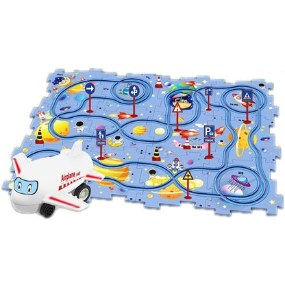 Set puzzle educativ cu pista mașini și avion, 25 piese, model spațiu albastru, 47x38 cm