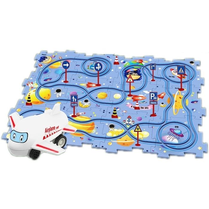 Set puzzle educativ cu pista mașini și avion, 25 piese, model spațiu albastru, 47x38 cm