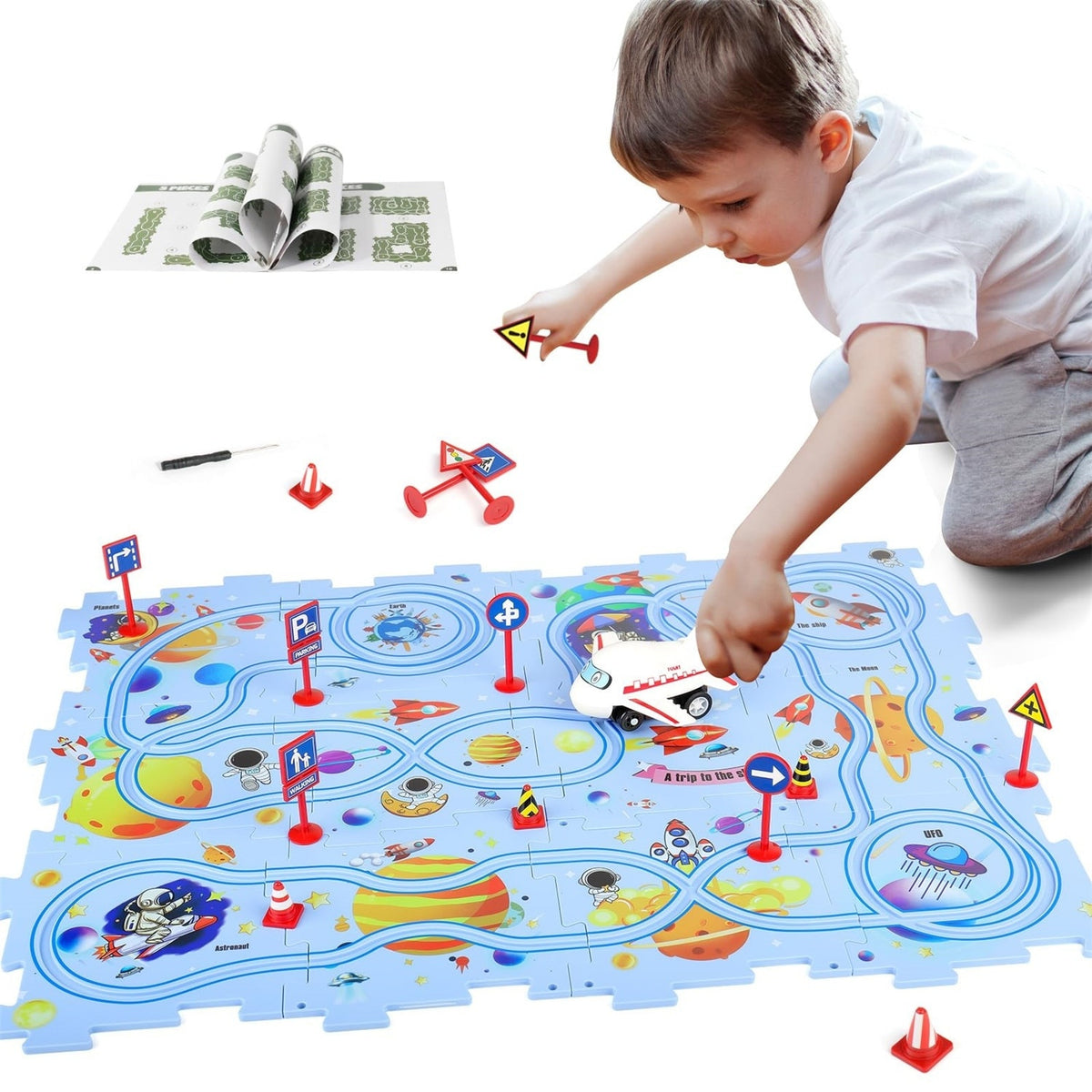 Set puzzle educativ cu pista mașini și avion, 25 piese, model spațiu albastru, 47x38 cm