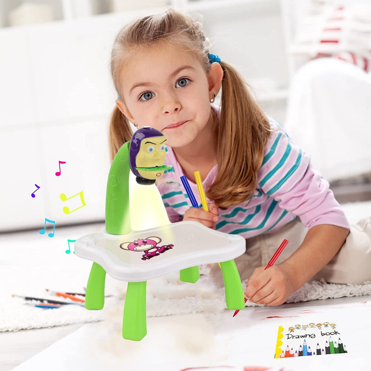 Tablă de desen educativă cu proiector hologram, 3 discuri, 24 șabloane, 12 markere, Toy Story, verde