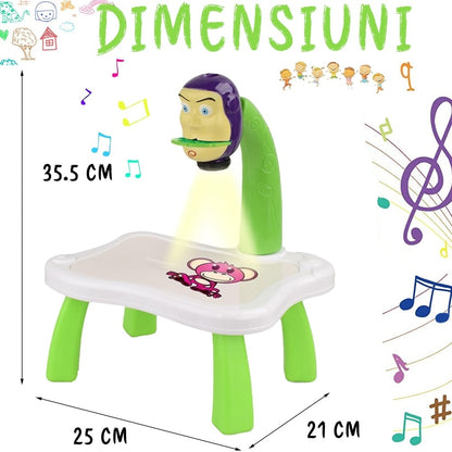 Tablă de desen educativă cu proiector hologram, 3 discuri, 24 șabloane, 12 markere, Toy Story, verde
