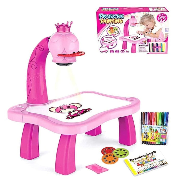 Tablă proiector educativă Girafa roz, 3 discuri, 12 markere colorate
