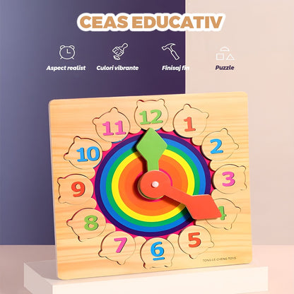 Ceas educativ din lemn cu numere detasabile si imagini ascunse, 3+ ani
