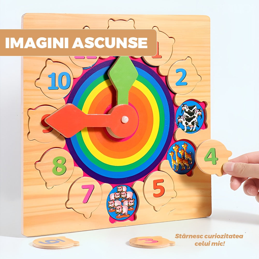 Ceas educativ din lemn cu numere detasabile si imagini ascunse, 3+ ani