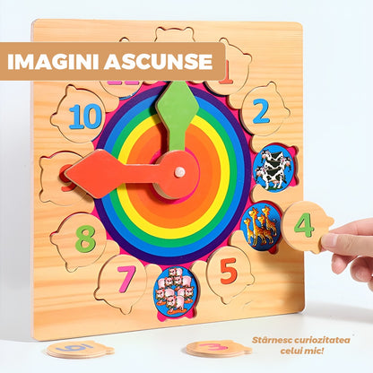 Ceas educativ din lemn cu numere detasabile si imagini ascunse, 3+ ani
