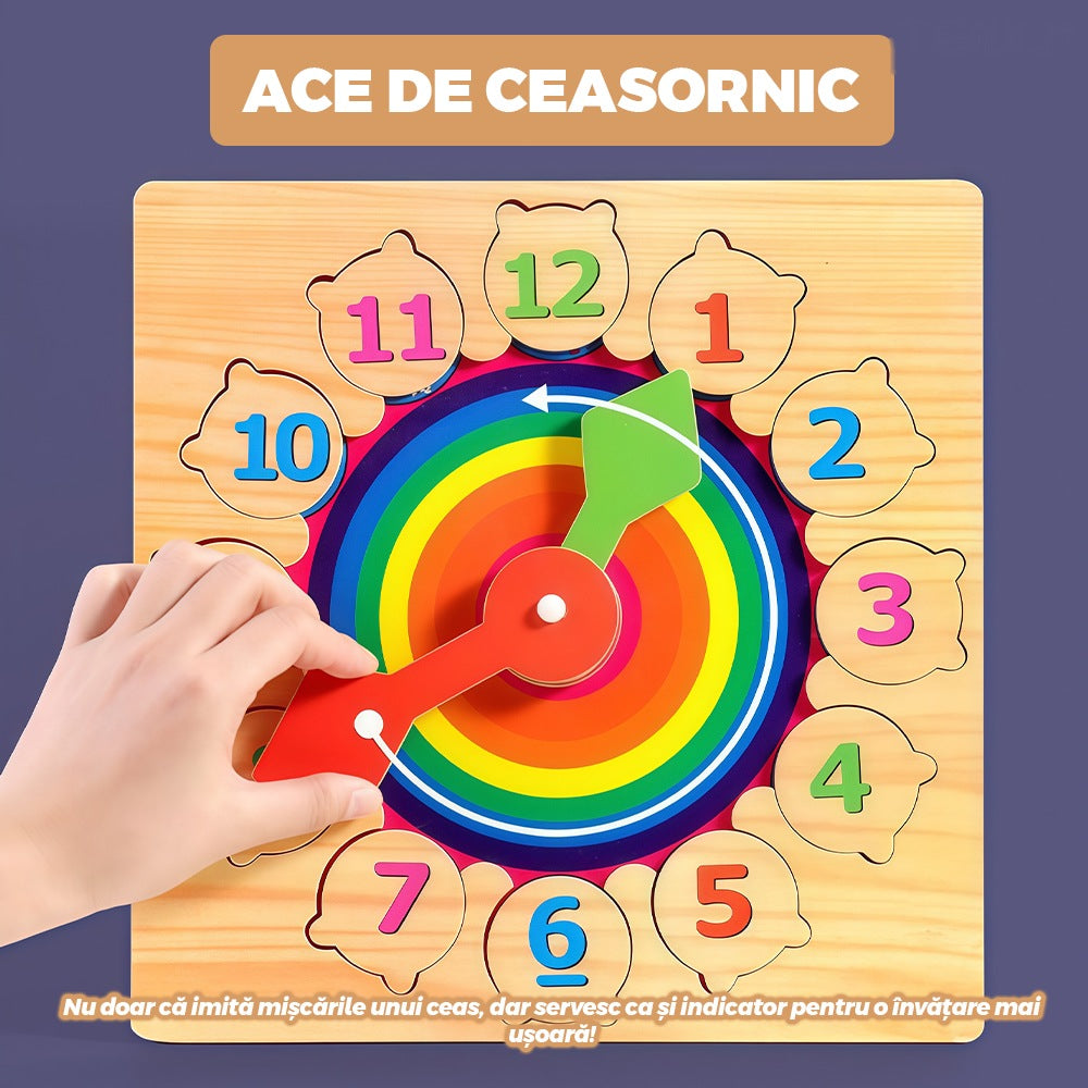 Ceas educativ din lemn cu numere detasabile si imagini ascunse, 3+ ani