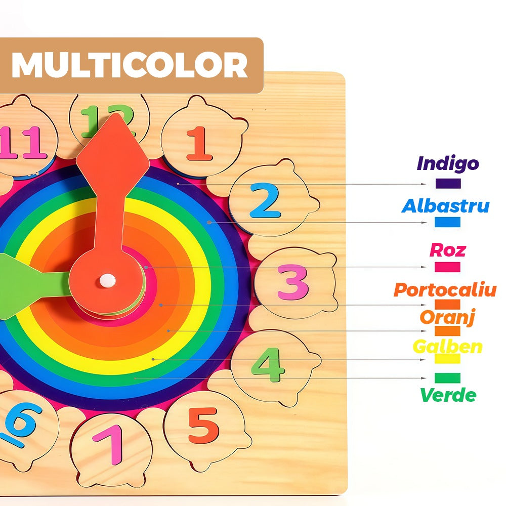 Ceas educativ din lemn cu numere detasabile si imagini ascunse, 3+ ani