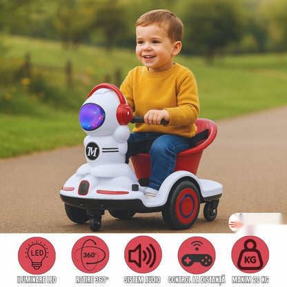 Mașinuță electrică pentru copii 3-6 ani, telecomandă și pedală, 6V 7A, roți 360°, lumini LED, alb/vișiniu