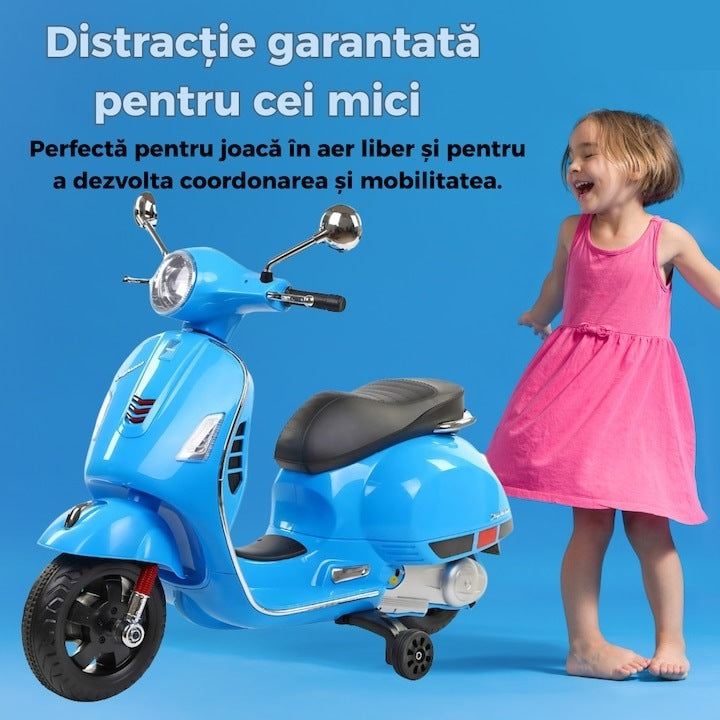 Scuter electric copii 3-8 ani, design Vespa, 2 acumulatori 6V, lumini LED, sistem audio, până la 6 km/h, albastru