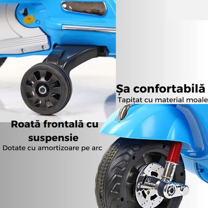 Scuter electric copii 3-8 ani, design Vespa, 2 acumulatori 6V, lumini LED, sistem audio, până la 6 km/h, albastru