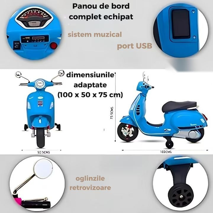 Scuter electric copii 3-8 ani, design Vespa, 2 acumulatori 6V, lumini LED, sistem audio, până la 6 km/h, albastru