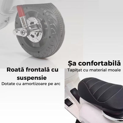 Scuter electric copii 3-8 ani, design Vespa, 2 acumulatori 6V, lumini LED, sistem audio, până la 6 km/h, alb