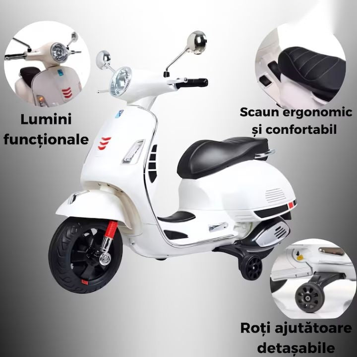 Scuter electric copii 3-8 ani, design Vespa, 2 acumulatori 6V, lumini LED, sistem audio, până la 6 km/h, alb