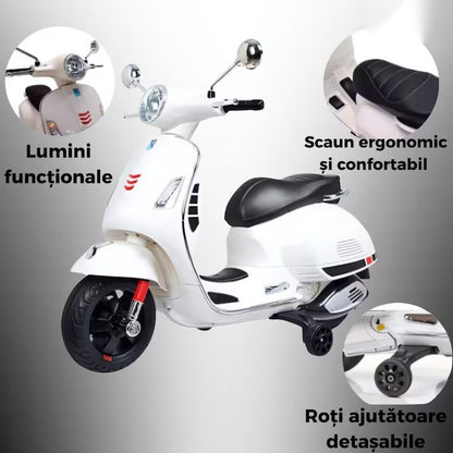 Scuter electric copii 3-8 ani, design Vespa, 2 acumulatori 6V, lumini LED, sistem audio, până la 6 km/h, alb