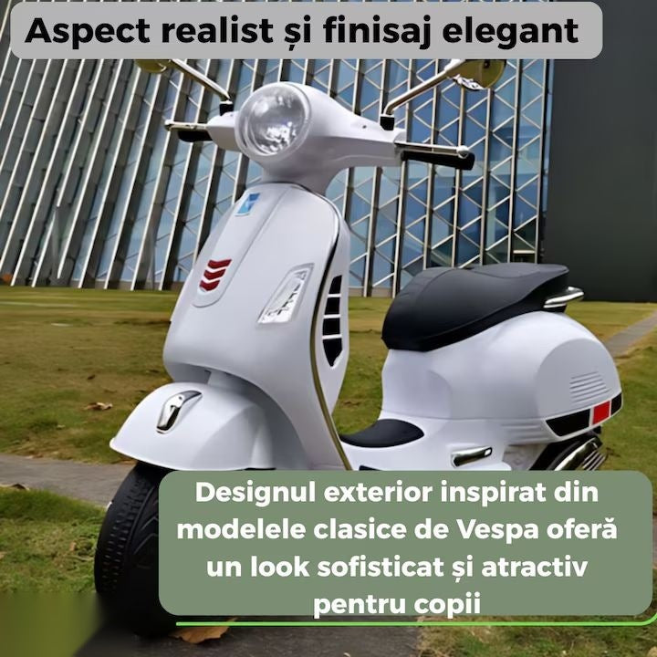 Scuter electric copii 3-8 ani, design Vespa, 2 acumulatori 6V, lumini LED, sistem audio, până la 6 km/h, alb