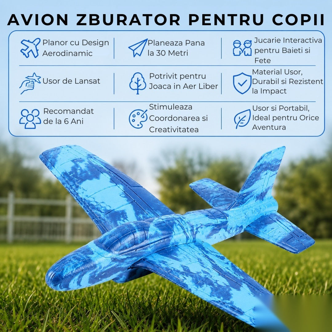 Avion zburător tip planar, rezistent impact, până la 30m, albastru, copii 6+ ani