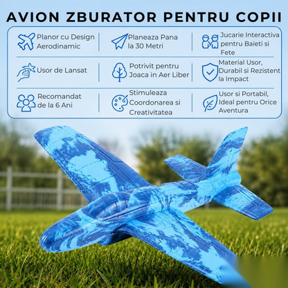 Avion zburător tip planar, rezistent impact, până la 30m, albastru, copii 6+ ani