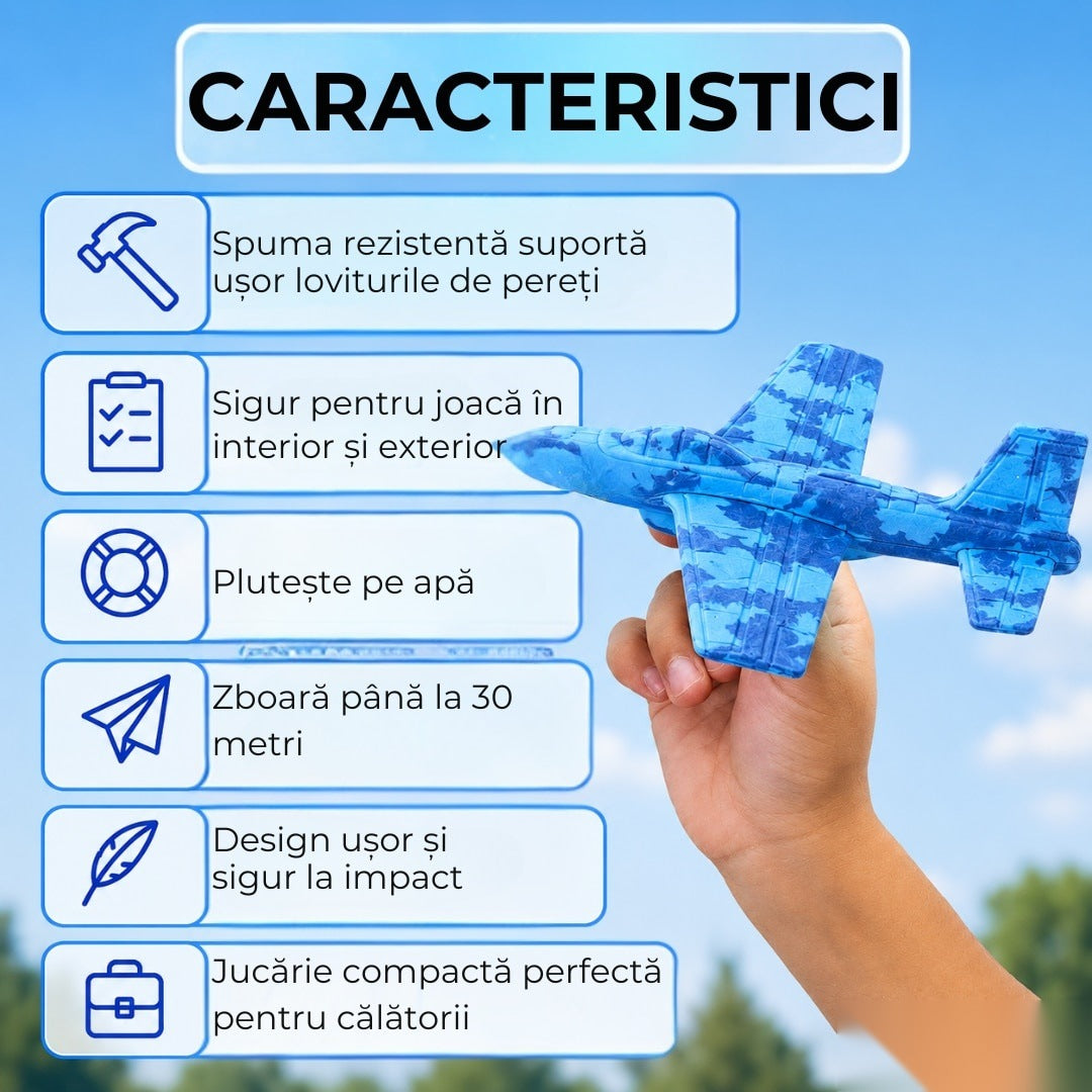 Avion zburător tip planar, rezistent impact, până la 30m, albastru, copii 6+ ani
