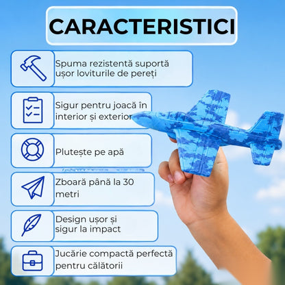 Avion zburător tip planar, rezistent impact, până la 30m, albastru, copii 6+ ani