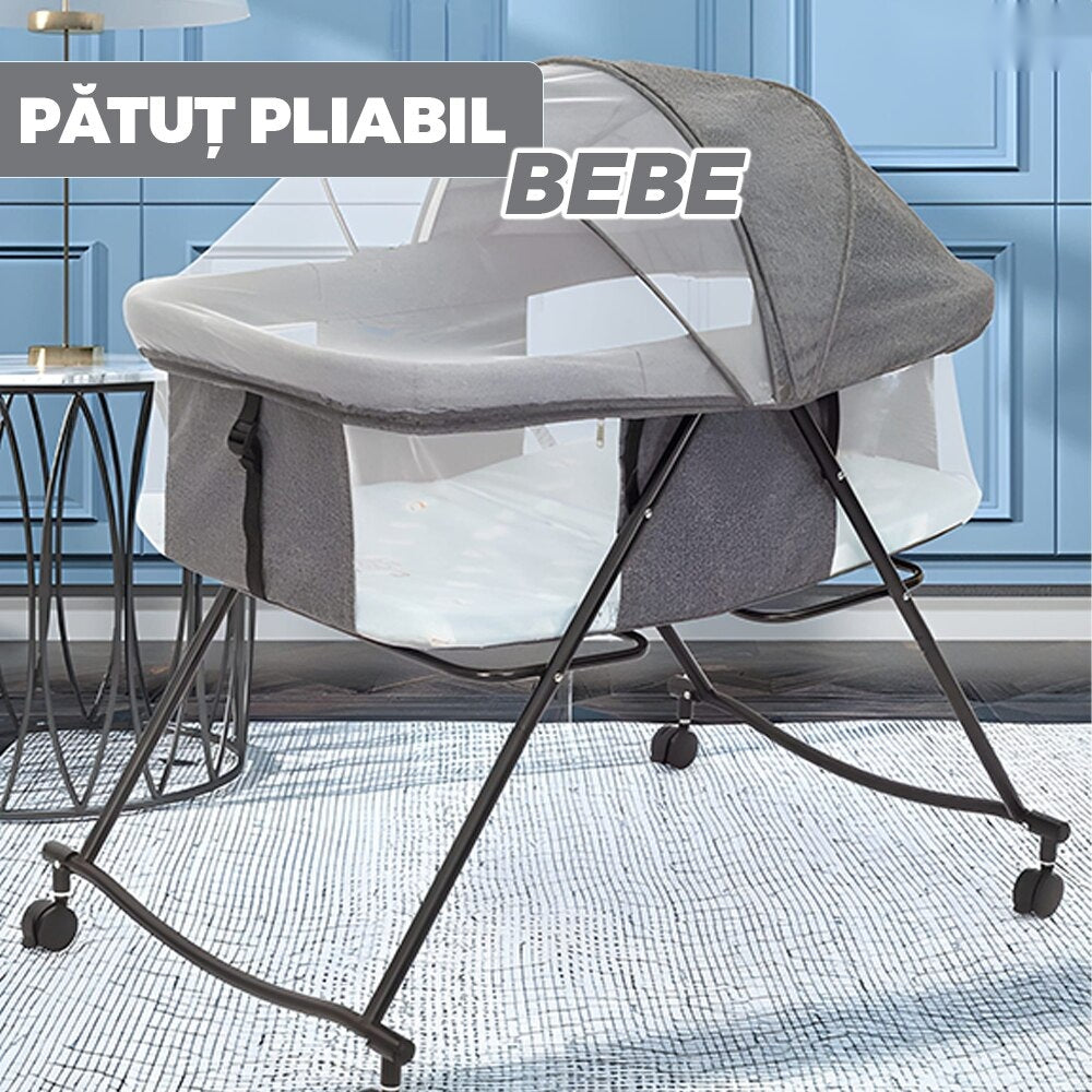 Pat pliabil pentru bebeluș cu plasă anti-insecte, roți cu frână, culoare gri