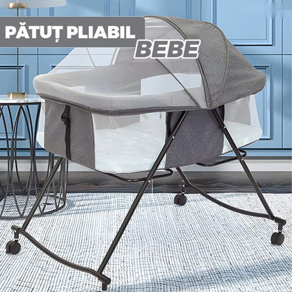 Pat pliabil pentru bebeluș cu plasă anti-insecte, roți cu frână, culoare gri