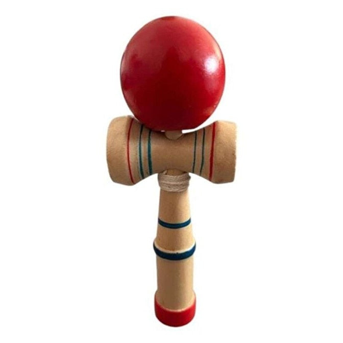 Kendama din lemn cu minge rosie, joc dexteritate si coordonare