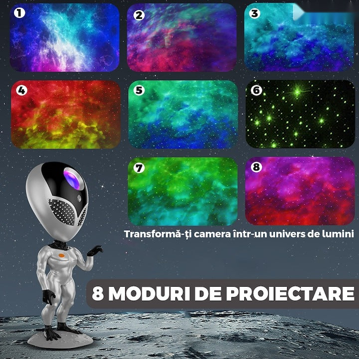 Proiector de veghe tip extraterestru, telecomandă, temporizator, 8 moduri, rotație 360°