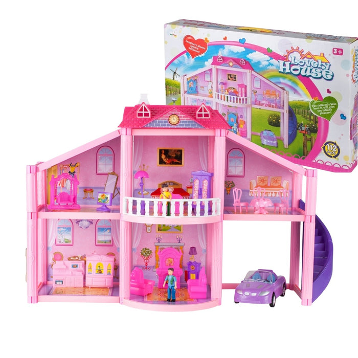 Casă de păpuși Lovely House, 2 etaje, 5 camere, garaj cu mașină, 2 figurine, set 112 piese