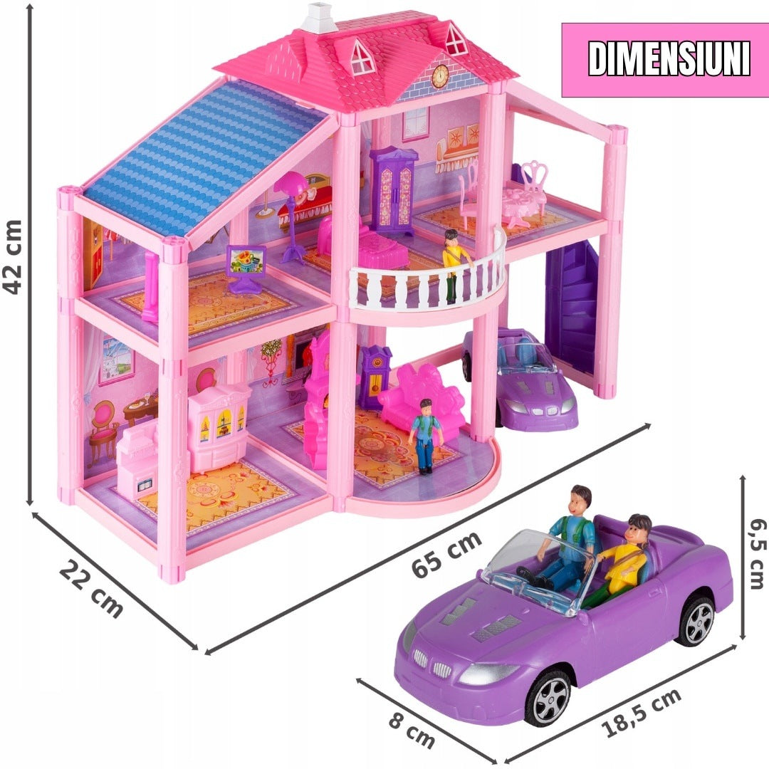 Casă de păpuși Lovely House, 2 etaje, 5 camere, garaj cu mașină, 2 figurine, set 112 piese