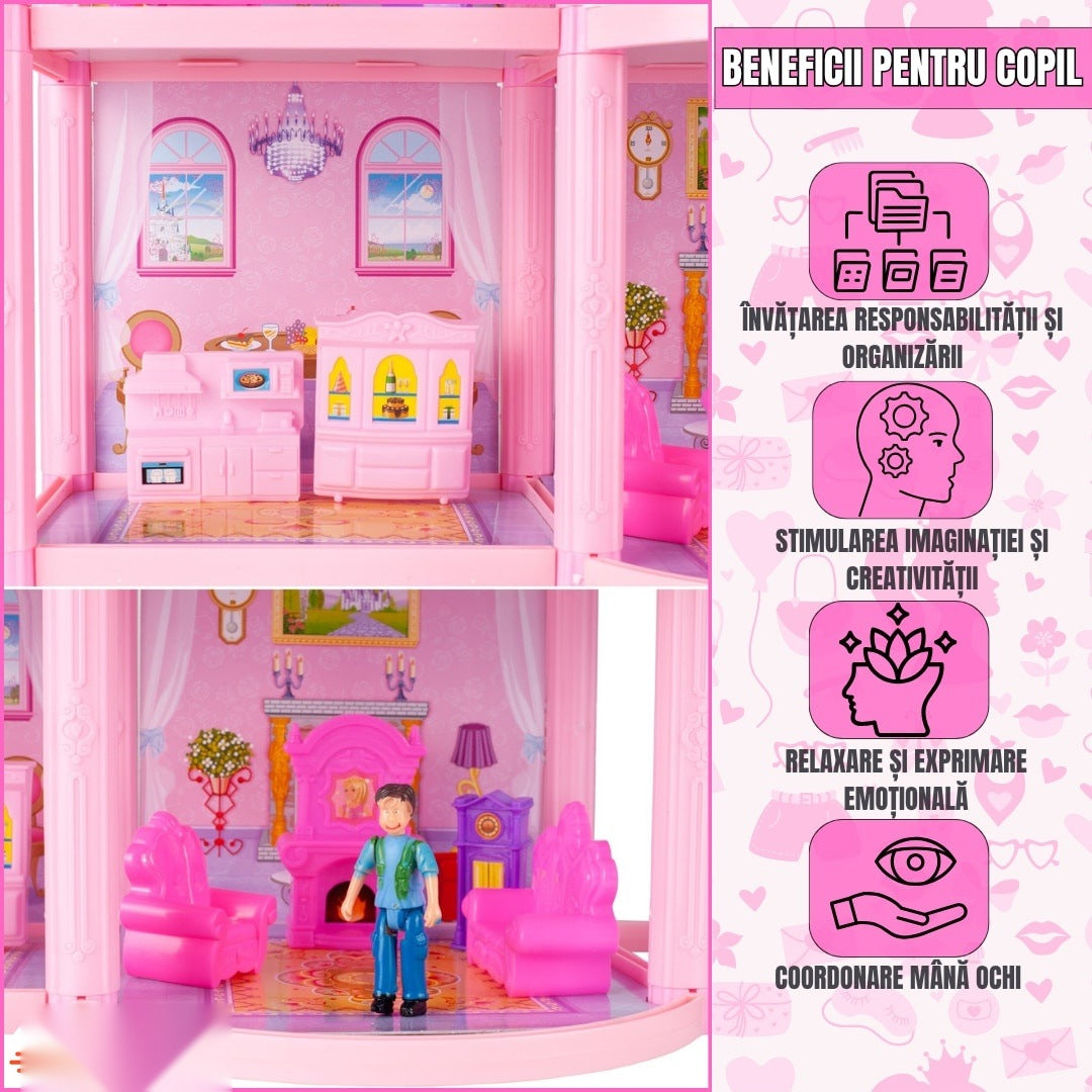 Casă de păpuși Lovely House, 2 etaje, 5 camere, garaj cu mașină, 2 figurine, set 112 piese