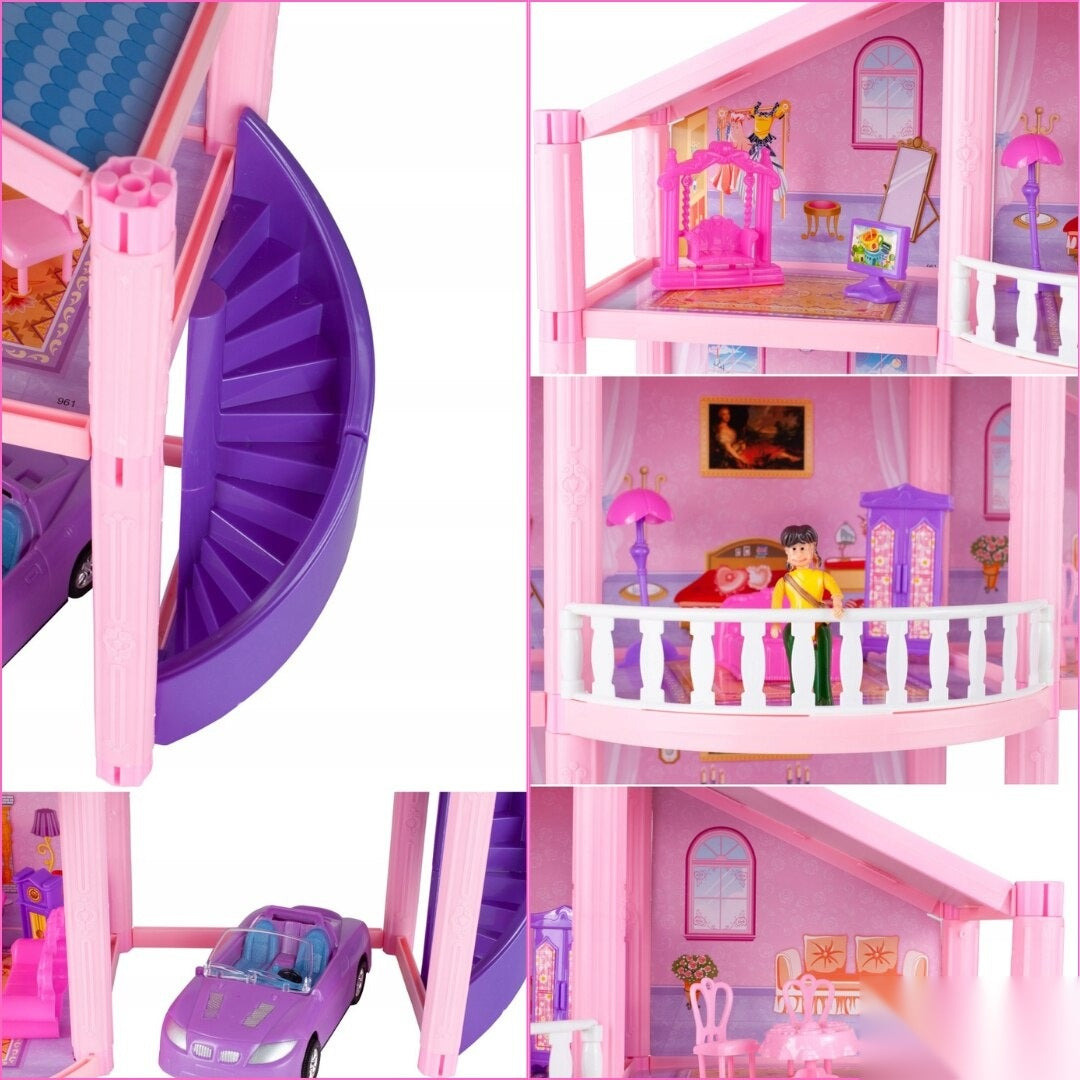 Casă de păpuși Lovely House, 2 etaje, 5 camere, garaj cu mașină, 2 figurine, set 112 piese