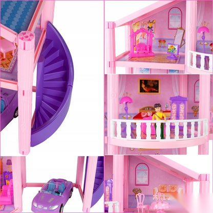 Casă de păpuși Lovely House, 2 etaje, 5 camere, garaj cu mașină, 2 figurine, set 112 piese