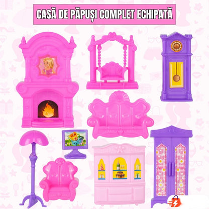 Casă de păpuși Lovely House, 2 etaje, 5 camere, garaj cu mașină, 2 figurine, set 112 piese