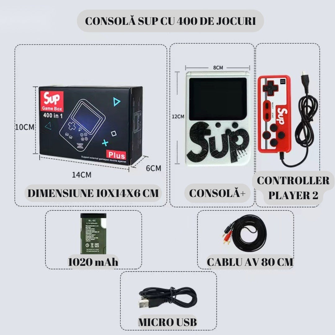 Consolă retro portabilă mini cu 400 jocuri, 2 jucători, ecran LCD 3 inch, roșu/alb