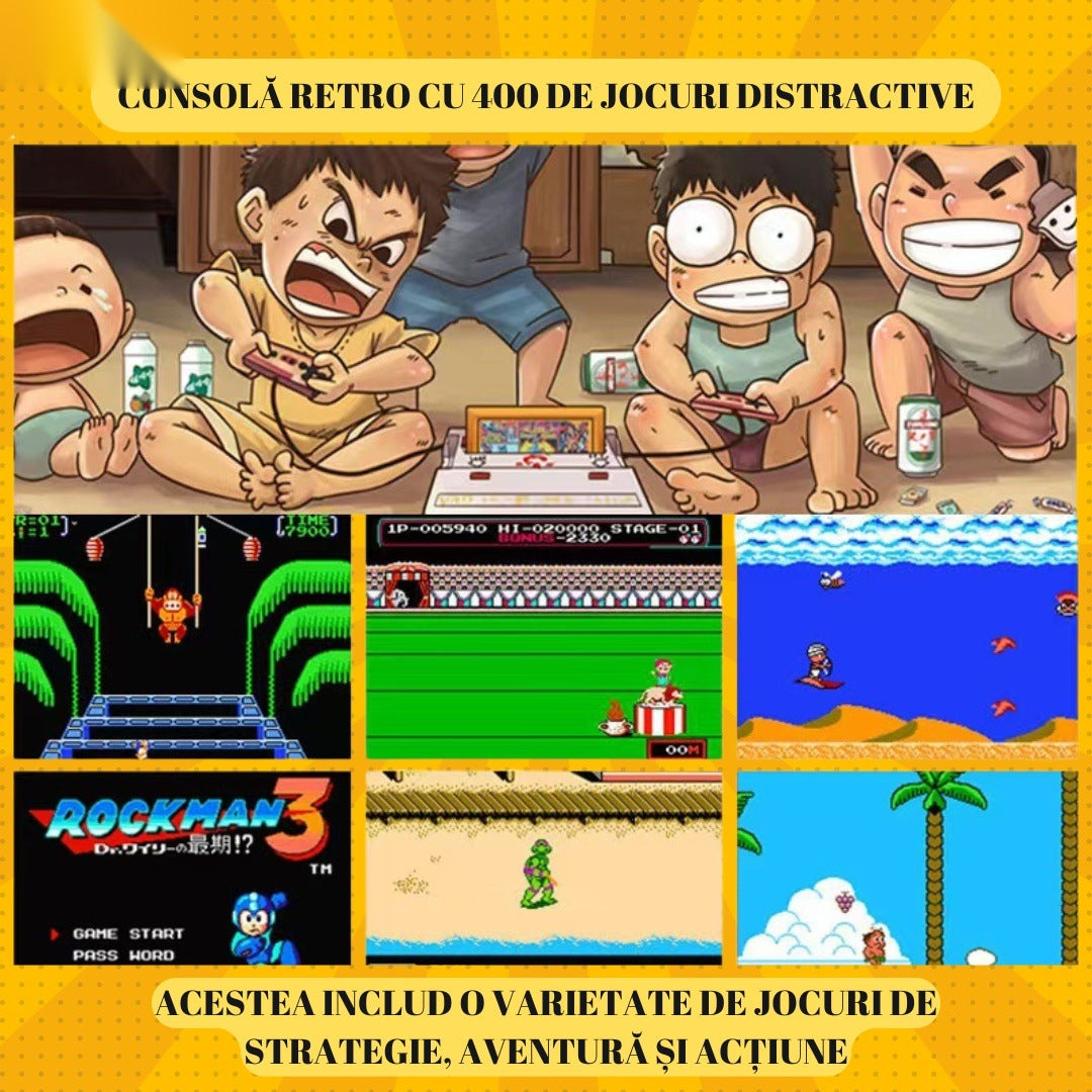 Consolă retro portabilă mini cu 400 jocuri, 2 jucători, ecran LCD 3 inch, roșu/alb