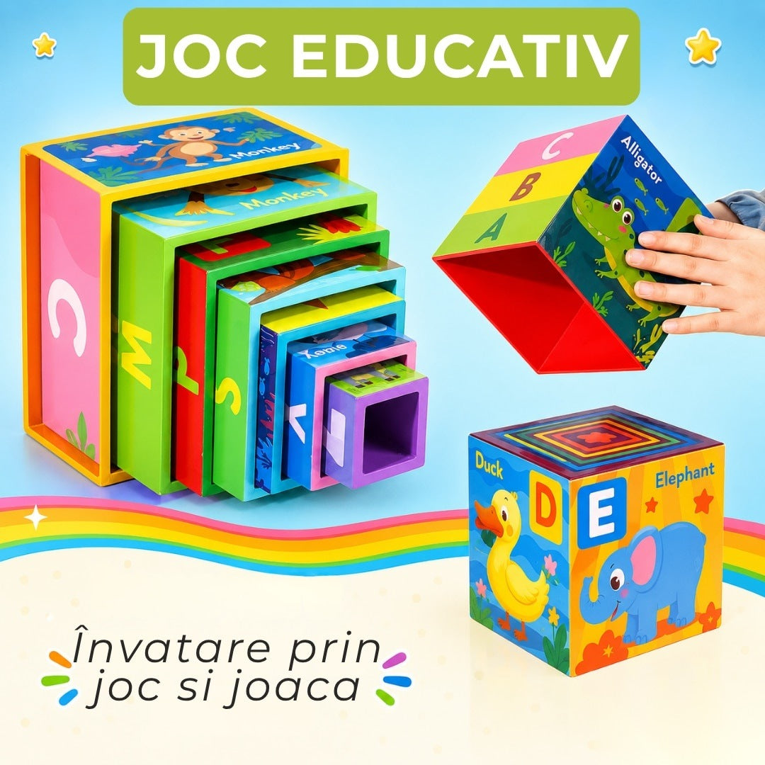 Turn Montessori 10 cuburi, joc educativ, alfabetul și animale, lemn calitativ