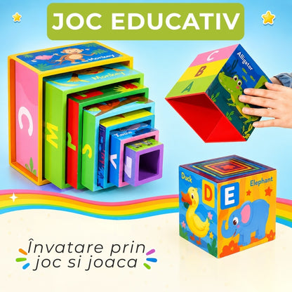 Turn Montessori 10 cuburi, joc educativ, alfabetul și animale, lemn calitativ