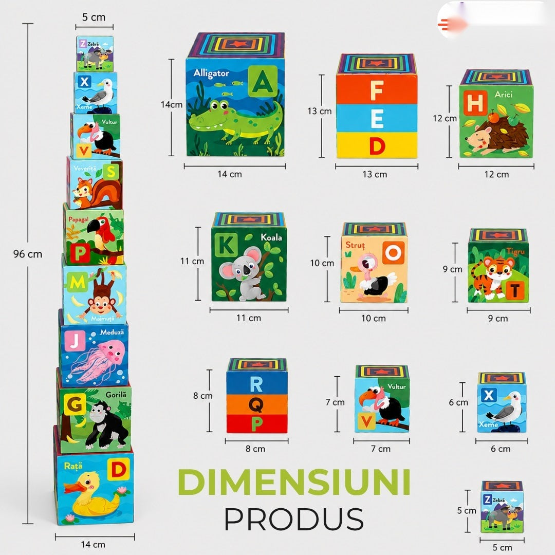 Turn Montessori 10 cuburi, joc educativ, alfabetul și animale, lemn calitativ