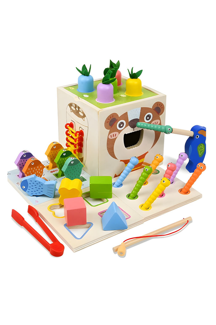 Cub Montessori lemn, jucărie educativă cu legume, joc nasturi, pescuit, șirete