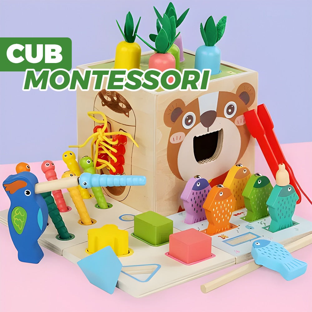 Cub Montessori lemn, jucărie educativă cu legume, joc nasturi, pescuit, șirete