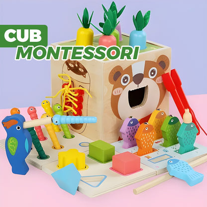 Cub Montessori lemn, jucărie educativă cu legume, joc nasturi, pescuit, șirete