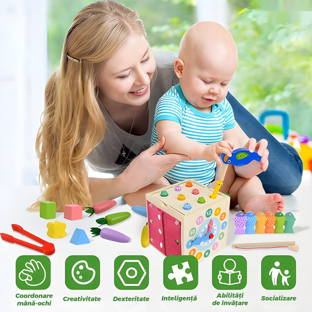Cub Montessori lemn, jucărie educativă cu legume, joc nasturi, pescuit, șirete