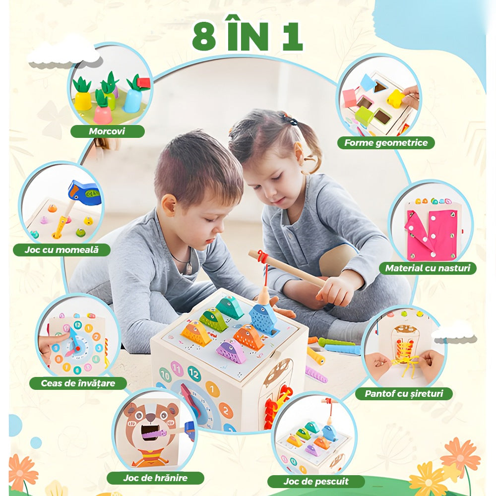 Cub Montessori lemn, jucărie educativă cu legume, joc nasturi, pescuit, șirete