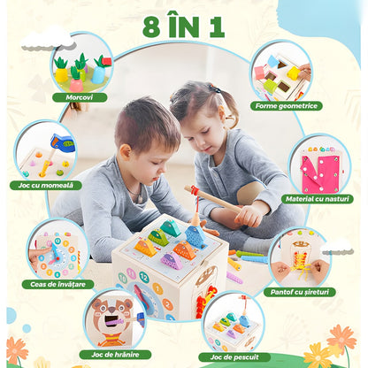 Cub Montessori lemn, jucărie educativă cu legume, joc nasturi, pescuit, șirete