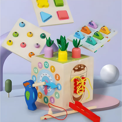Cub Montessori lemn, jucărie educativă cu legume, joc nasturi, pescuit, șirete