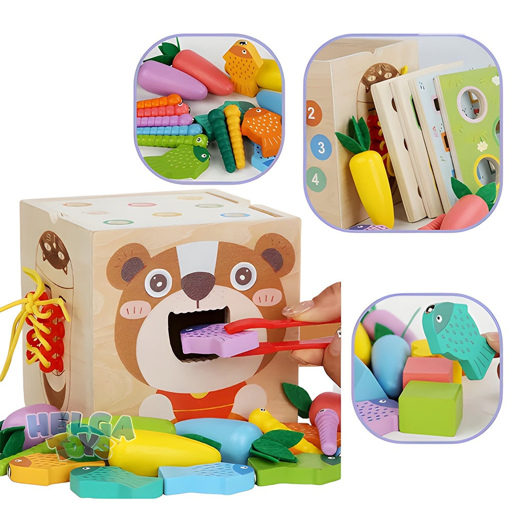 Cub Montessori lemn, jucărie educativă cu legume, joc nasturi, pescuit, șirete