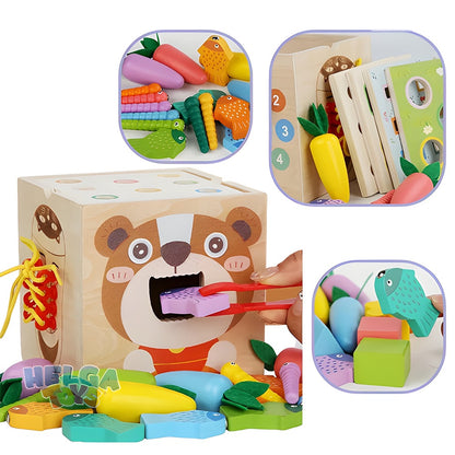 Cub Montessori lemn, jucărie educativă cu legume, joc nasturi, pescuit, șirete