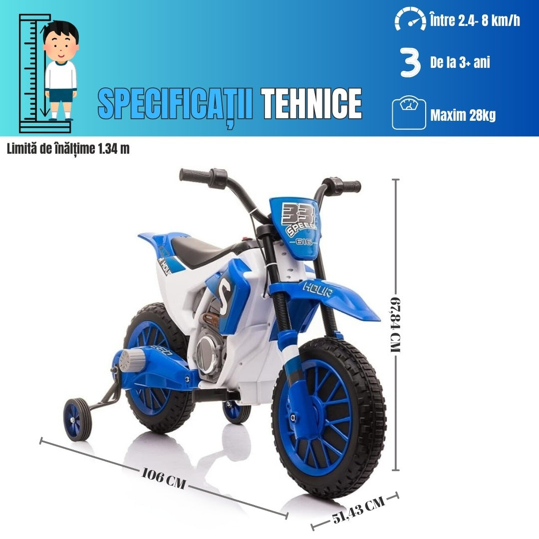 Motocicletă de jucărie cu roți ajutătoare, albastră