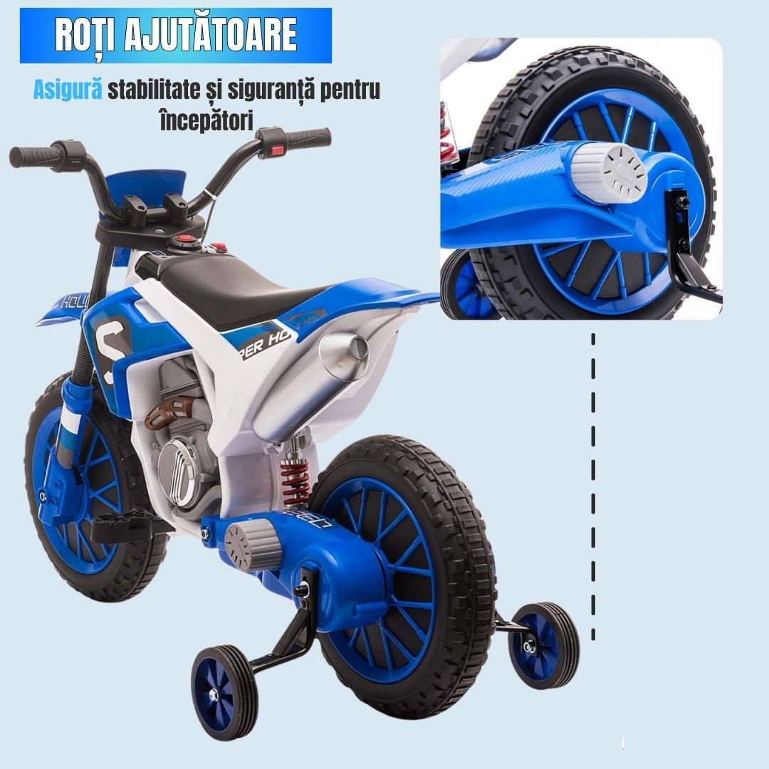 Motocicletă de jucărie cu roți ajutătoare, albastră